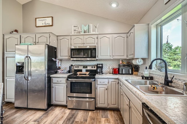 1301 English Ave NW, New Prague, MN 56071 - kitchen featuring appliances with stainless steel finishes, lofted ceiling, tasteful backsplash, a textured ceiling, and light countertops