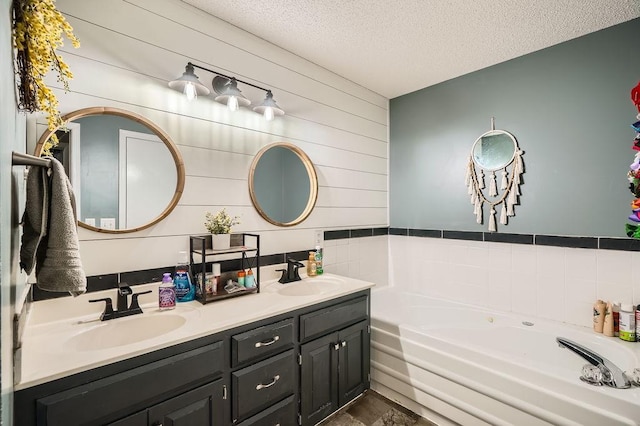 1301 English Ave NW, New Prague, MN 56071 - full bathroom with double vanity, a garden tub, a textured ceiling, and wood walls