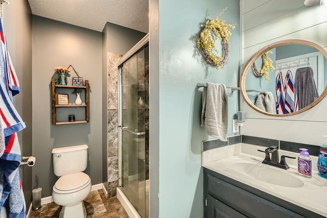 1301 English Ave NW, New Prague, MN 56071 - bathroom featuring a stall shower, vanity, and a textured ceiling