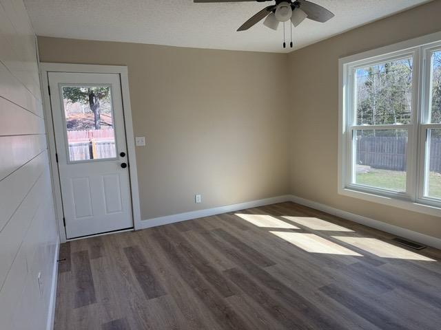20 Erie St, Aurora, MN 55705 - doorway with plenty of natural light, wood finished floors, and a ceiling fan