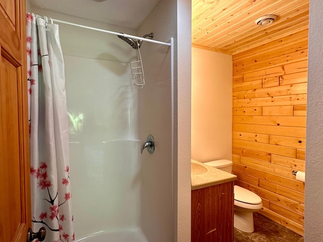 4984 Tower Rd, Moose Lake, MN 55767 - bathroom featuring wooden ceiling, wood walls, a shower with shower curtain, vanity, and tile patterned floors