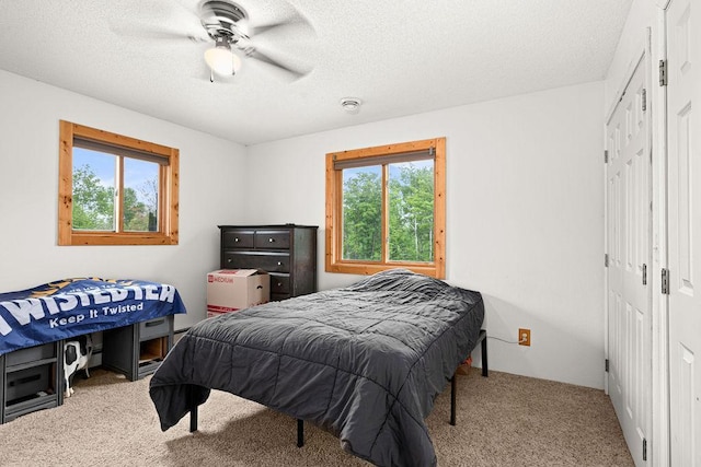 4984 Tower Rd, Moose Lake, MN 55767 - carpeted bedroom featuring multiple windows, a textured ceiling, ceiling fan, and a closet