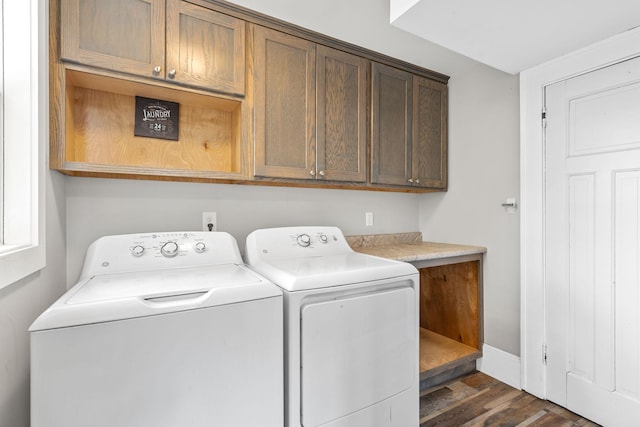 213 2nd St NE, Grand Meadow, MN 55936 - laundry area with cabinet space, washing machine and clothes dryer, and dark wood-style flooring