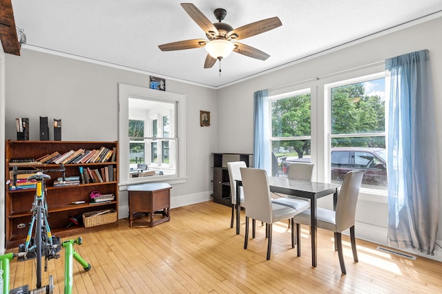 213 2nd St NE, Grand Meadow, MN 55936 - dining room featuring a ceiling fan, ornamental molding, and light wood-type flooring