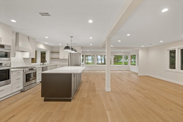 2022 Lake Rd, Minnetonka Beach, MN 55391 - kitchen with appliances with stainless steel finishes, premium range hood, light countertops, a center island, and white cabinetry