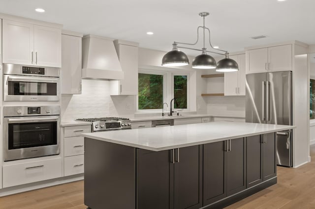 2022 Lake Rd, Minnetonka Beach, MN 55391 - kitchen with stainless steel appliances, premium range hood, white cabinets, backsplash, and recessed lighting