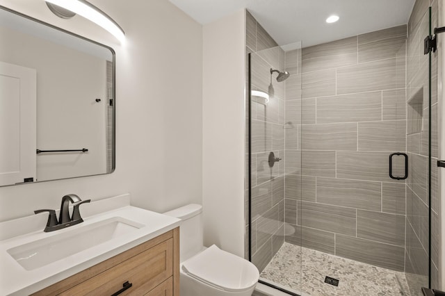 2022 Lake Rd, Minnetonka Beach, MN 55391 - bathroom with vanity, a shower stall, and recessed lighting