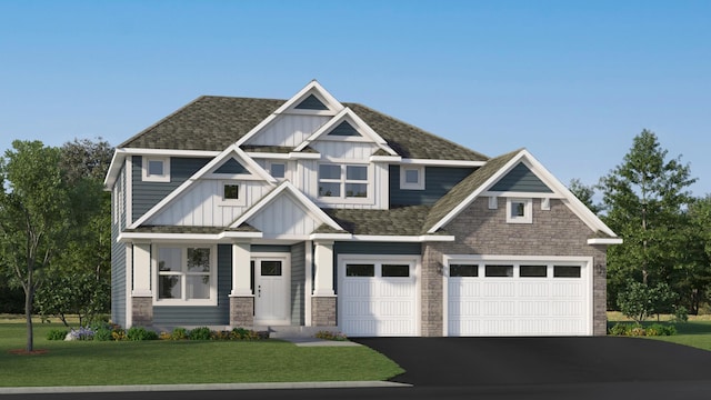 2150 Koronis Cir, Lino Lakes, MN 55038 - craftsman-style house featuring board and batten siding, asphalt driveway, a front lawn, stone siding, and a shingled roof