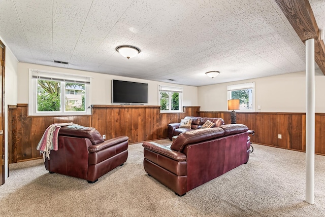 4128 Zane Ave N, Robbinsdale, MN 55422 - living room featuring wainscoting, carpet floors, and wooden walls