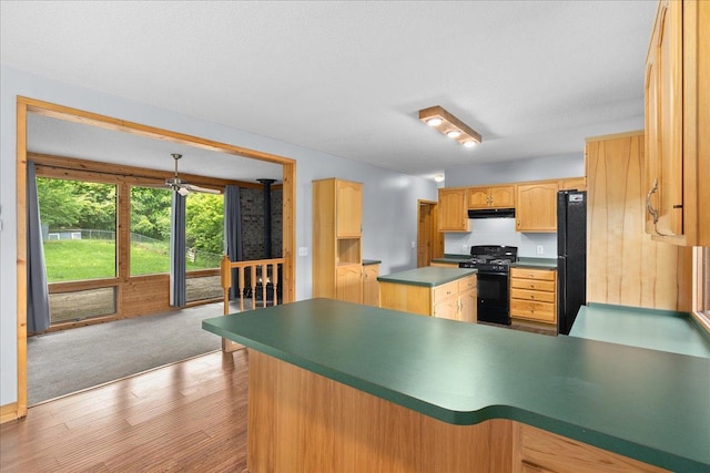 2224 75th Ave Unit M, Osceola, WI 54020 - kitchen with black appliances, under cabinet range hood, light wood finished floors, light brown cabinets, and a peninsula