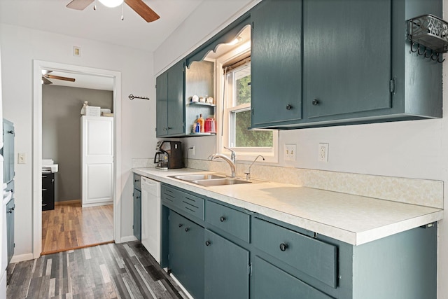 522 14th St NE, Owatonna, MN 55060 - kitchen with a ceiling fan, dark wood-style flooring, light countertops, dishwasher, and open shelves
