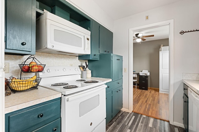 522 14th St NE, Owatonna, MN 55060 - kitchen featuring white appliances, dark wood finished floors, ceiling fan, and light countertops