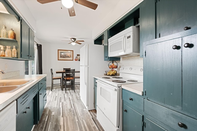 522 14th St NE, Owatonna, MN 55060 - kitchen with white appliances, ceiling fan, open shelves, and light countertops