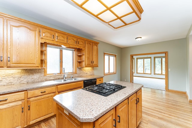 4354 48th St NE, Haverhill Twp, MN 55906 - kitchen with a center island, black appliances, backsplash, open shelves, and light wood-style flooring