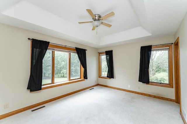 4354 48th St NE, Haverhill Twp, MN 55906 - unfurnished room featuring light colored carpet, a tray ceiling, and a ceiling fan