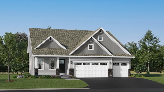 7642 Rainy Ln, Lino Lakes, MN 55038 - craftsman inspired home featuring asphalt driveway, a front lawn, a garage, a shingled roof, and board and batten siding