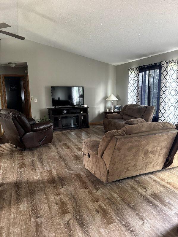 608 11th Ave SW, Rice, MN 56367 - living area featuring vaulted ceiling, wood finished floors, a textured ceiling, and ceiling fan