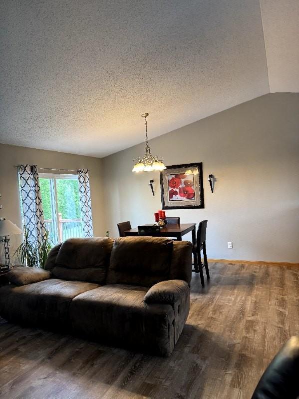 608 11th Ave SW, Rice, MN 56367 - living room with wood finished floors, a textured ceiling, vaulted ceiling, and a chandelier