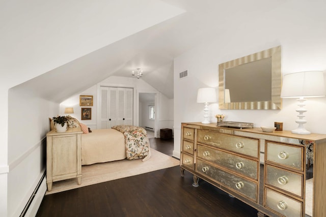 1064 Lombard Ave, Saint Paul, MN 55105 - bedroom with a baseboard heating unit, wood finished floors, a closet, and lofted ceiling
