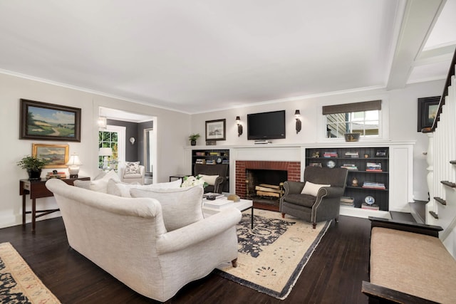 1064 Lombard Ave, Saint Paul, MN 55105 - living area with stairs, a fireplace, dark wood-type flooring, plenty of natural light, and ornamental molding