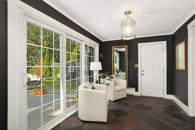 1064 Lombard Ave, Saint Paul, MN 55105 - entryway with healthy amount of natural light, a chandelier, crown molding, and dark stone finish floors