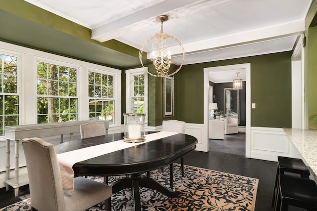 1064 Lombard Ave, Saint Paul, MN 55105 - dining space with a chandelier, plenty of natural light, dark wood-style flooring, a decorative wall, and beamed ceiling