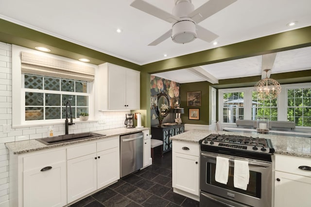 1064 Lombard Ave, Saint Paul, MN 55105 - kitchen featuring stainless steel appliances, white cabinetry, light stone counters, a ceiling fan, and beamed ceiling