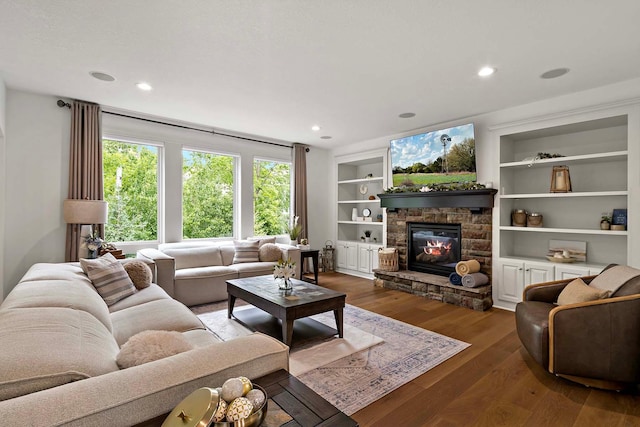 5315 Ranchview Ln N, Plymouth, MN 55446 - living area with a fireplace, hardwood / wood-style flooring, recessed lighting, and built in features