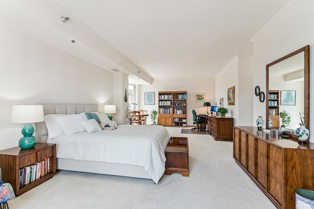 6600 Lyndale Ave S Unit 503, Richfield, MN 55423 - bedroom with light carpet, a desk, crown molding, and beam ceiling
