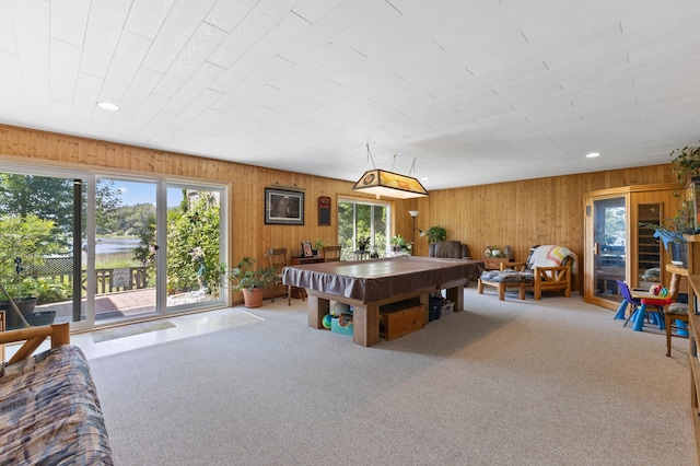 30190 Terryll St, Lindstrom, MN 55045 - recreation room with healthy amount of natural light, billiards, carpet flooring, wood walls, and recessed lighting