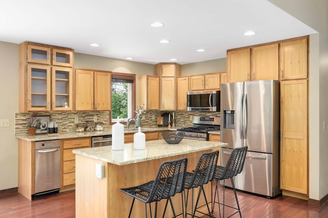 14744 Evergreen St NW, Andover, MN 55304 - kitchen with stainless steel appliances, dark wood-type flooring, decorative backsplash, and recessed lighting