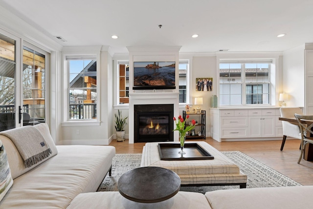 6112 Kellogg Unit 200, Edina, MN 55424 - living room featuring healthy amount of natural light, light wood finished floors, a glass covered fireplace, recessed lighting, and ornamental molding