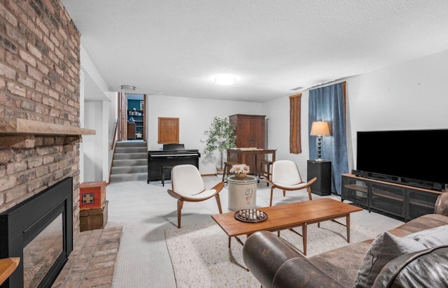 4111 Auburn Dr, Minnetonka, MN 55305 - living area featuring a textured ceiling, a fireplace, light colored carpet, and stairway