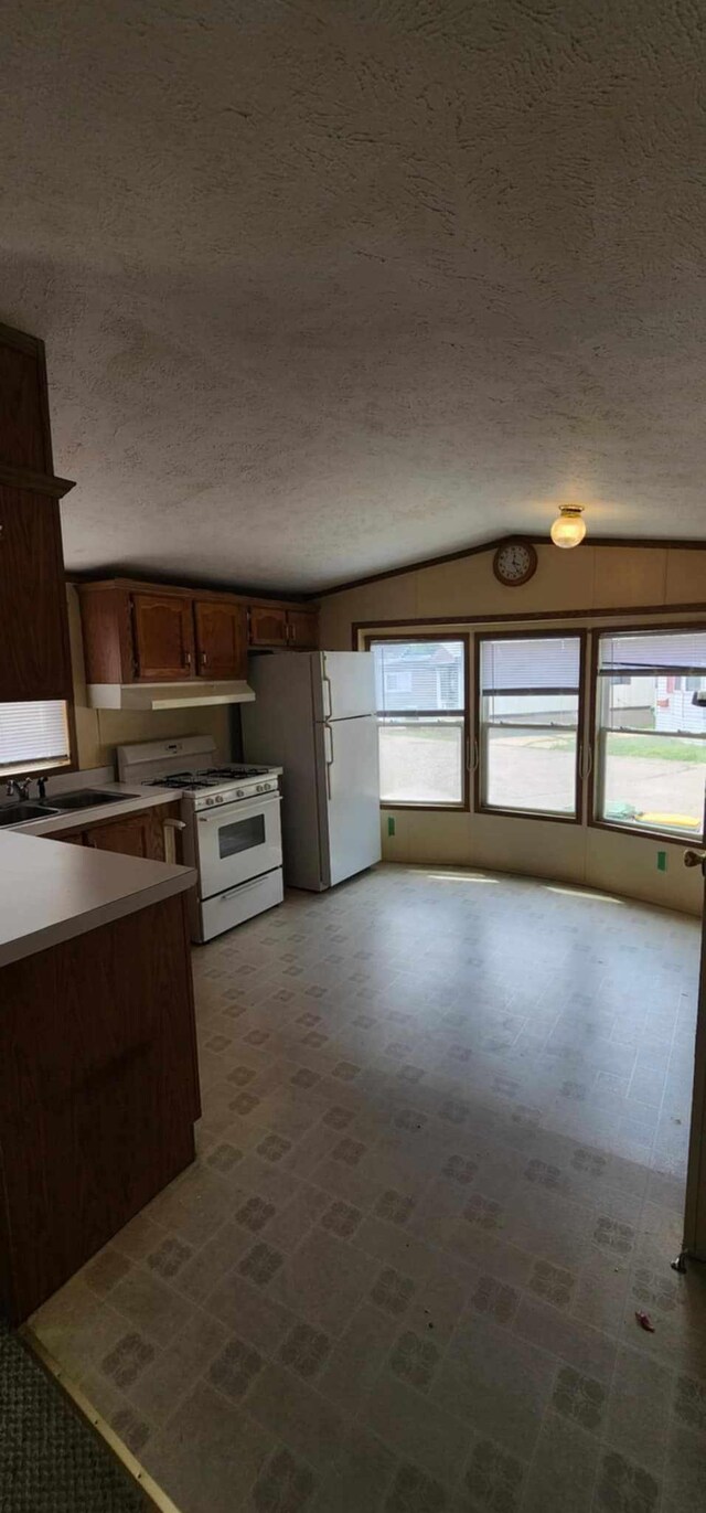 4550 Central Ave NE Unit 1011, Hilltop, MN 55421 - kitchen with white appliances, plenty of natural light, a textured ceiling, vaulted ceiling, and light countertops