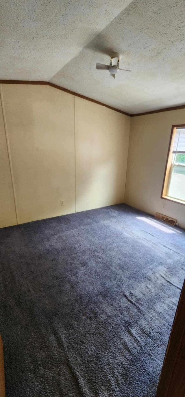 4550 Central Ave NE Unit 1011, Hilltop, MN 55421 - spare room featuring a textured ceiling, vaulted ceiling, carpet floors, and ceiling fan