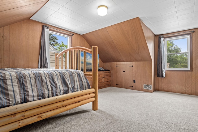 3836 Buchanan St NE, Columbia Heights, MN 55421 - carpeted bedroom with multiple windows, wood walls, lofted ceiling, and access to outside