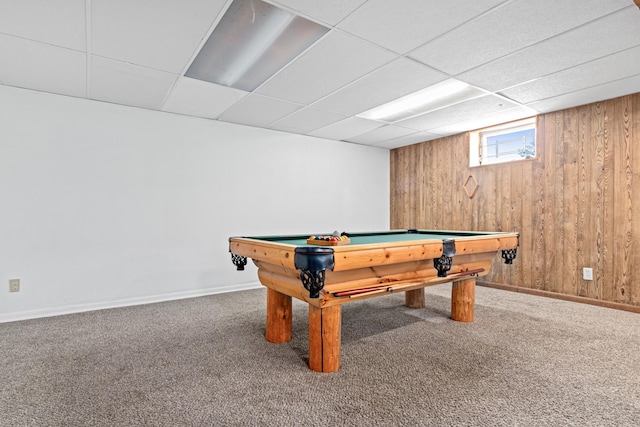 3836 Buchanan St NE, Columbia Heights, MN 55421 - game room featuring wooden walls, carpet, a drop ceiling, and billiards table