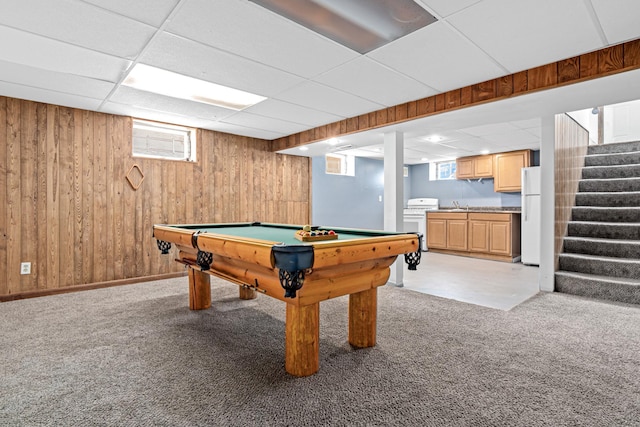 3836 Buchanan St NE, Columbia Heights, MN 55421 - recreation room featuring light colored carpet, wooden walls, healthy amount of natural light, billiards table, and a drop ceiling