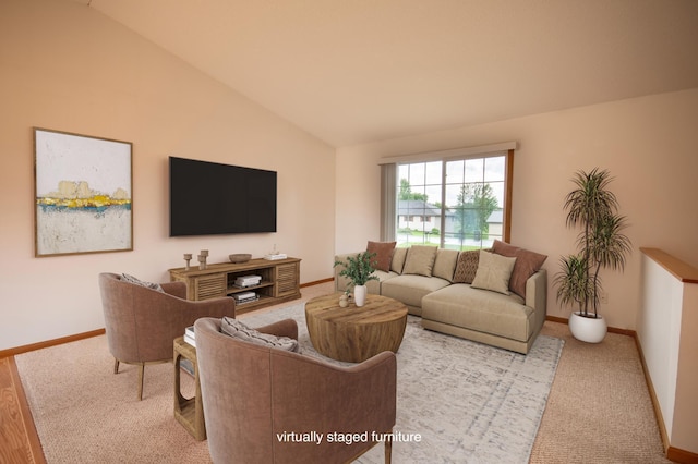 706 Country Club Dr SW, Melrose, MN 56352 - carpeted living room featuring vaulted ceiling and baseboards