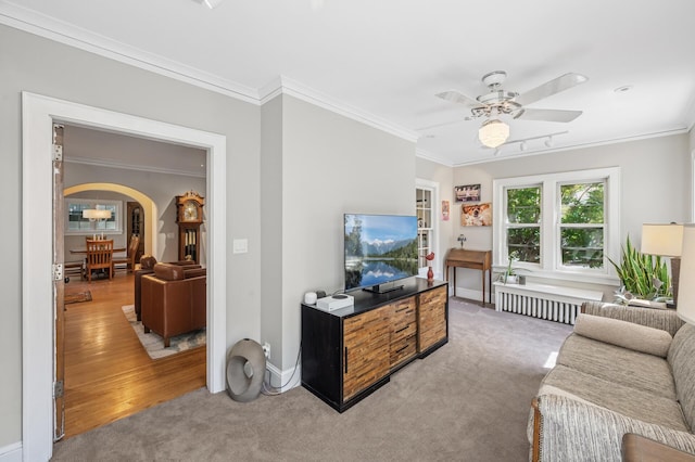 129 50th St, Minneapolis, MN 55419 - living area with arched walkways, carpet flooring, ceiling fan, and ornamental molding
