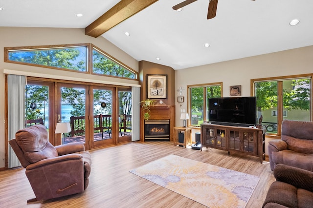 7023 State Highway 114 SW, Lake Mary Twp, MN 56308 - living area featuring light wood-style flooring, ceiling fan, recessed lighting, and a glass covered fireplace