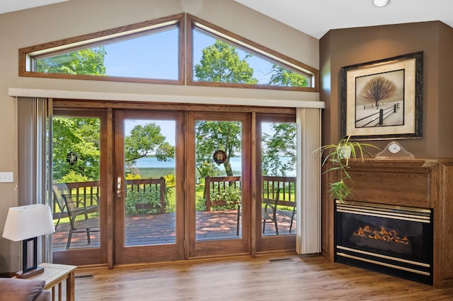 7023 State Highway 114 SW, Lake Mary Twp, MN 56308 - entryway featuring wood finished floors, vaulted ceiling, recessed lighting, and a glass covered fireplace