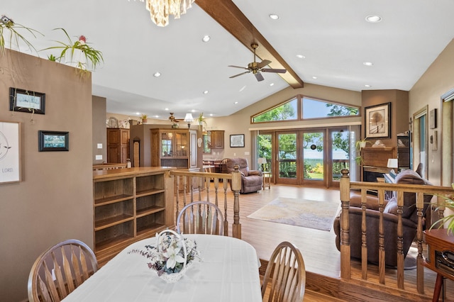 7023 State Highway 114 SW, Lake Mary Twp, MN 56308 - dining room featuring recessed lighting, light wood-style flooring, beam ceiling, a ceiling fan, and a chandelier