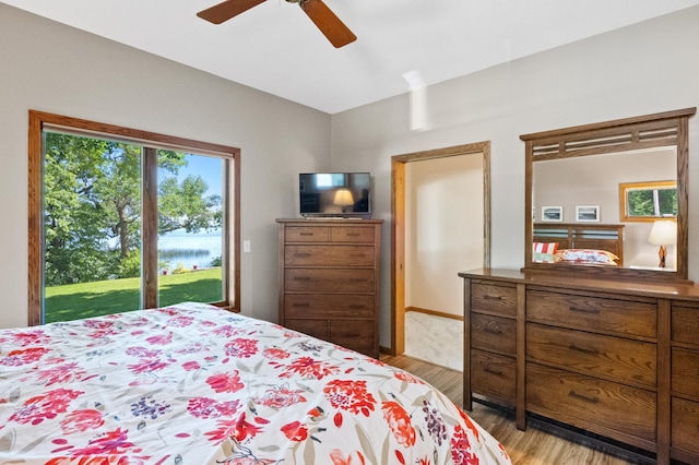 7023 State Highway 114 SW, Lake Mary Twp, MN 56308 - bedroom with wood finished floors, access to exterior, and ceiling fan