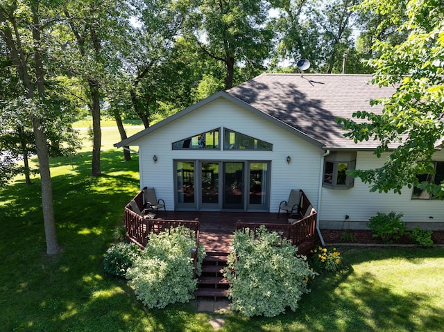 7023 State Highway 114 SW, Lake Mary Twp, MN 56308 - back of property featuring a yard, a wooden deck, and roof with shingles