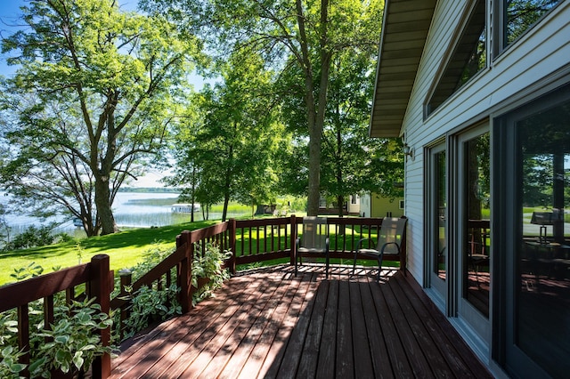 7023 State Highway 114 SW, Lake Mary Twp, MN 56308 - wooden terrace featuring a water view and a yard