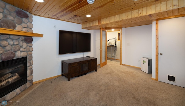 1341 3rd Ave N, Fargo, ND 58102 - unfurnished living room with wood ceiling, carpet flooring, recessed lighting, and a fireplace