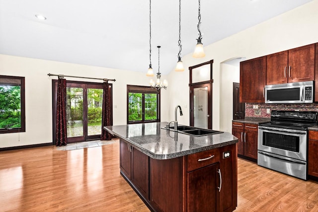 5110 Foxborrow Dr, Hermantown, MN 55811 - kitchen with stainless steel appliances, light wood-type flooring, decorative backsplash, an island with sink, and decorative light fixtures