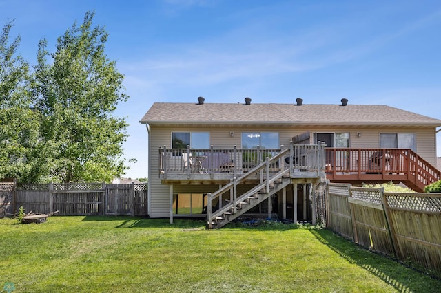 1030 Oak Pl, West Fargo, ND 58078 - back of house featuring stairs, a wooden deck, a fenced backyard, and a shingled roof