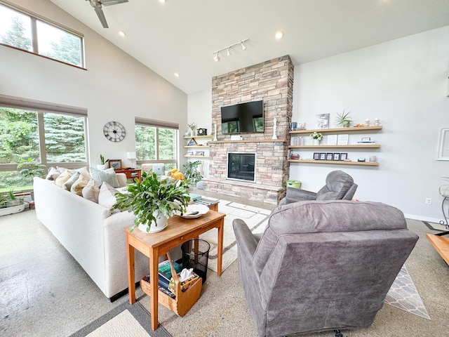23336 County Highway 120, Fergus Falls, MN 56537 - living room featuring a fireplace, high vaulted ceiling, and recessed lighting